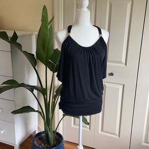 Express off-the-shoulder top, gold metal accents M